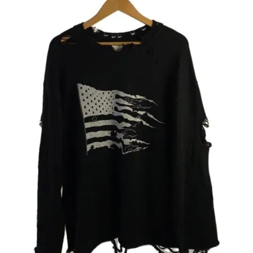 KAMIYA Japan Distressed Black Sweater with Silver Flag Design